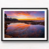Tamarama Beach rock pool wispy purple sky sunrise reflection. Framed art photography wall art print.