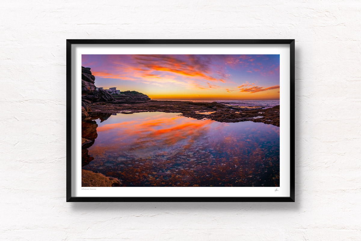 Tamarama Beach rock pool wispy purple sky sunrise reflection. Framed art photography wall art print.