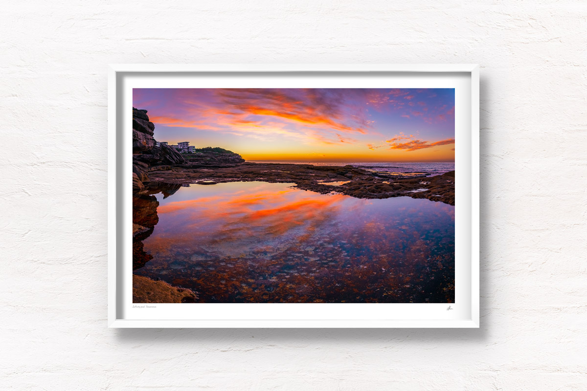 Tamarama Beach rock pool wispy purple sky sunrise reflection. Framed art photography wall art print.