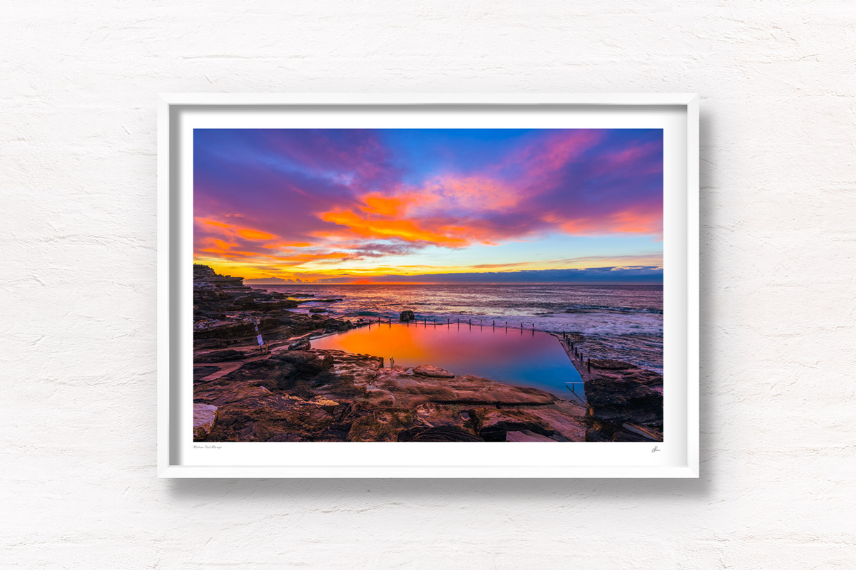 Mahon Pool Mirage. Long exposure photograph taken during a spectacular multi-coloured sunrise at Maroubra's iconic swimming pool. Framed art photography wall art print.