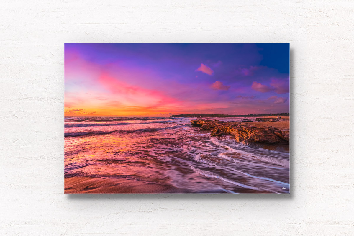 Multicolour Maroubra Beach sunrise. Beuatiful coloured skies above the rubiks cube. Framed art photography wall art print.