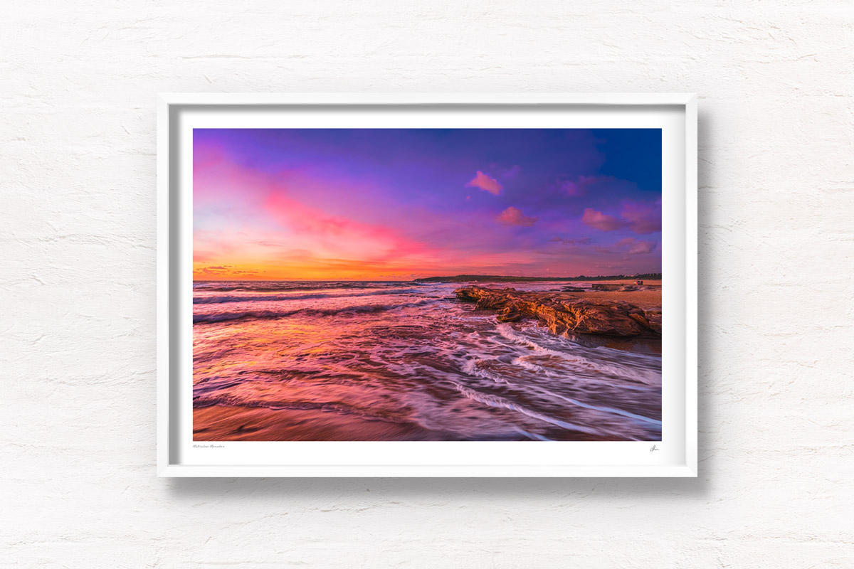 Multicolour Maroubra Beach sunrise. Beuatiful coloured skies above the rubiks cube. Framed art photography wall art print.