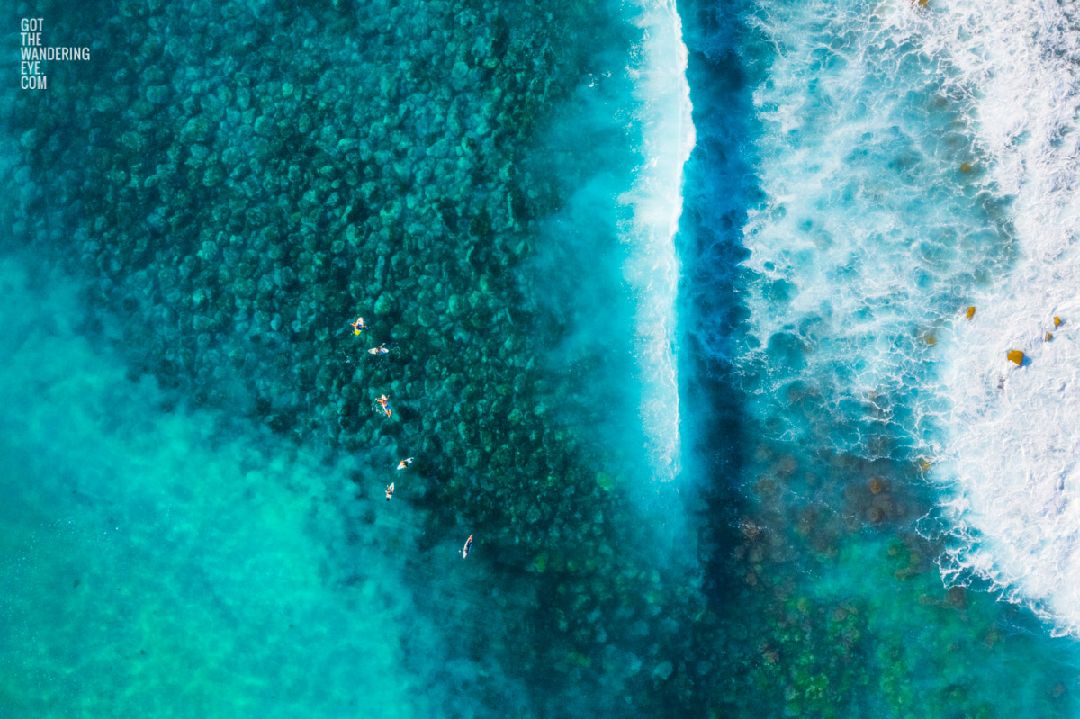 Aerial above surfers waiting for waves at Maroubra Beach.