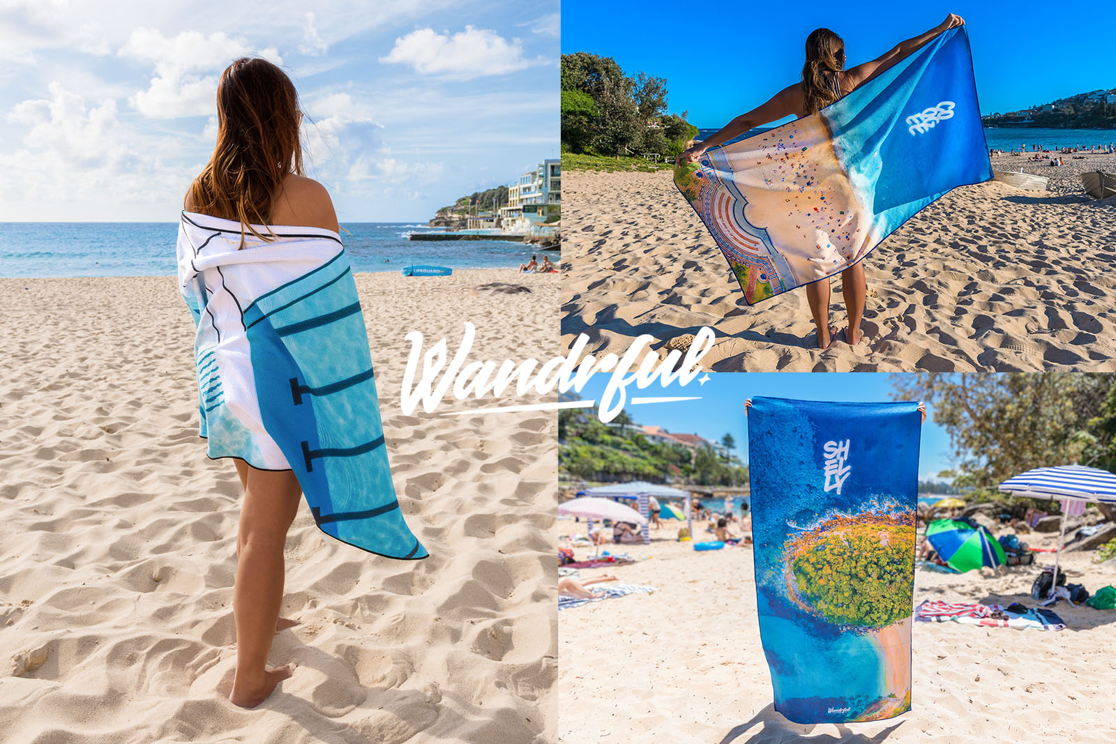 Wandrful eco-friendly, sand-free beach towels featuring aerial photography above Sydney beaches.