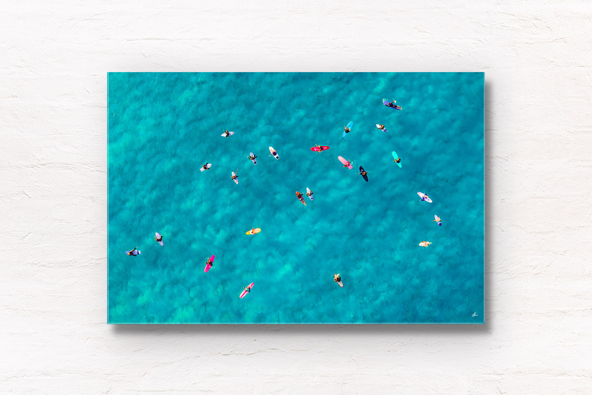 Wolfpack at Bondi Beach Surfers aerial view. Framed art photography wall art print.
