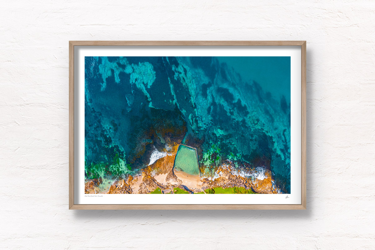 Aerial photography above a crystal clear Oak Park Rock Pool in Cronulla. Framed art photography wall art print.