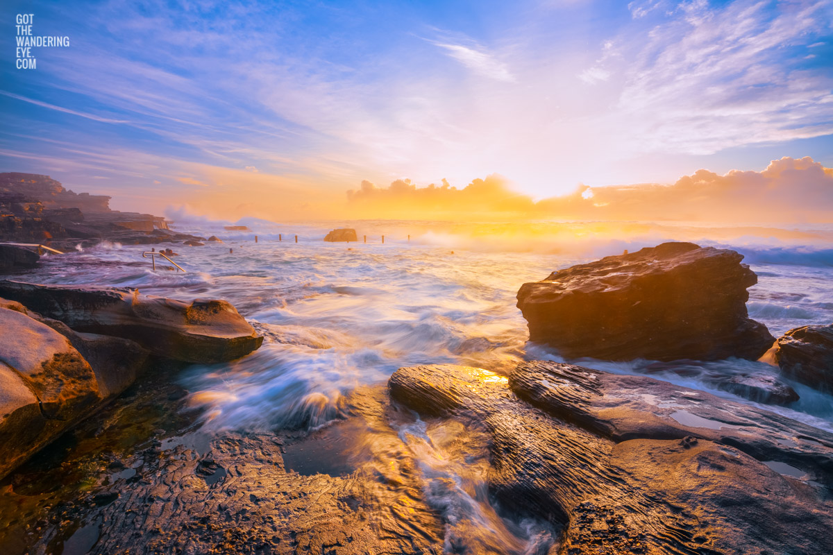 Steam Bath Mahon Pool. Steamy, warm sunrise at Maroubra rock ocean pool.