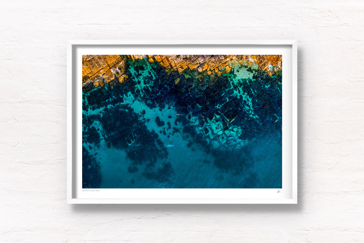 Swimming in azure blue waters at Marine Parade at Fairy Bower Beach Manly. Framed art photography wall art print.