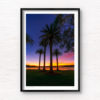 Tropical coloured sunrise at Balmoral Peach palm trees. Framed art photography wall art print.