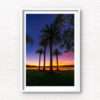 Tropical coloured sunrise at Balmoral Peach palm trees. Framed art photography wall art print.