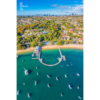 Aerial view above Balmoral Beach Wharf looking back towards the Sydney City skyline.