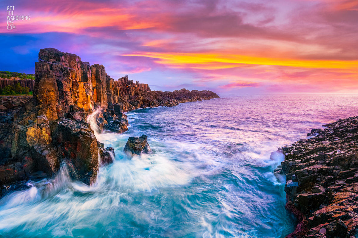 Bombo headland quarry sunrise hitting the basalt columns.