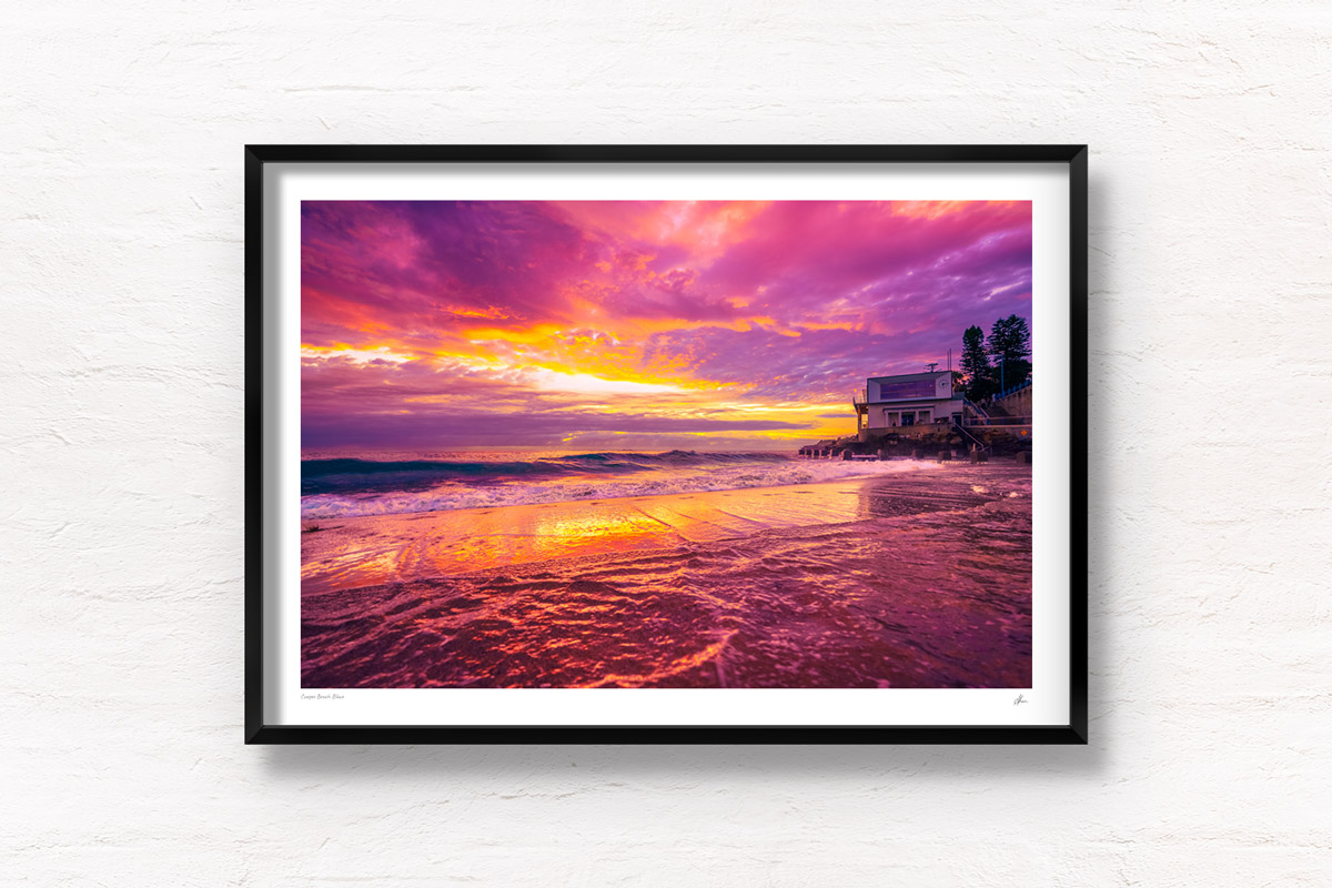 Coogee Beach blaze pink sky sunrise Sydneys best sunrise spot. Framed art photography wall art print.