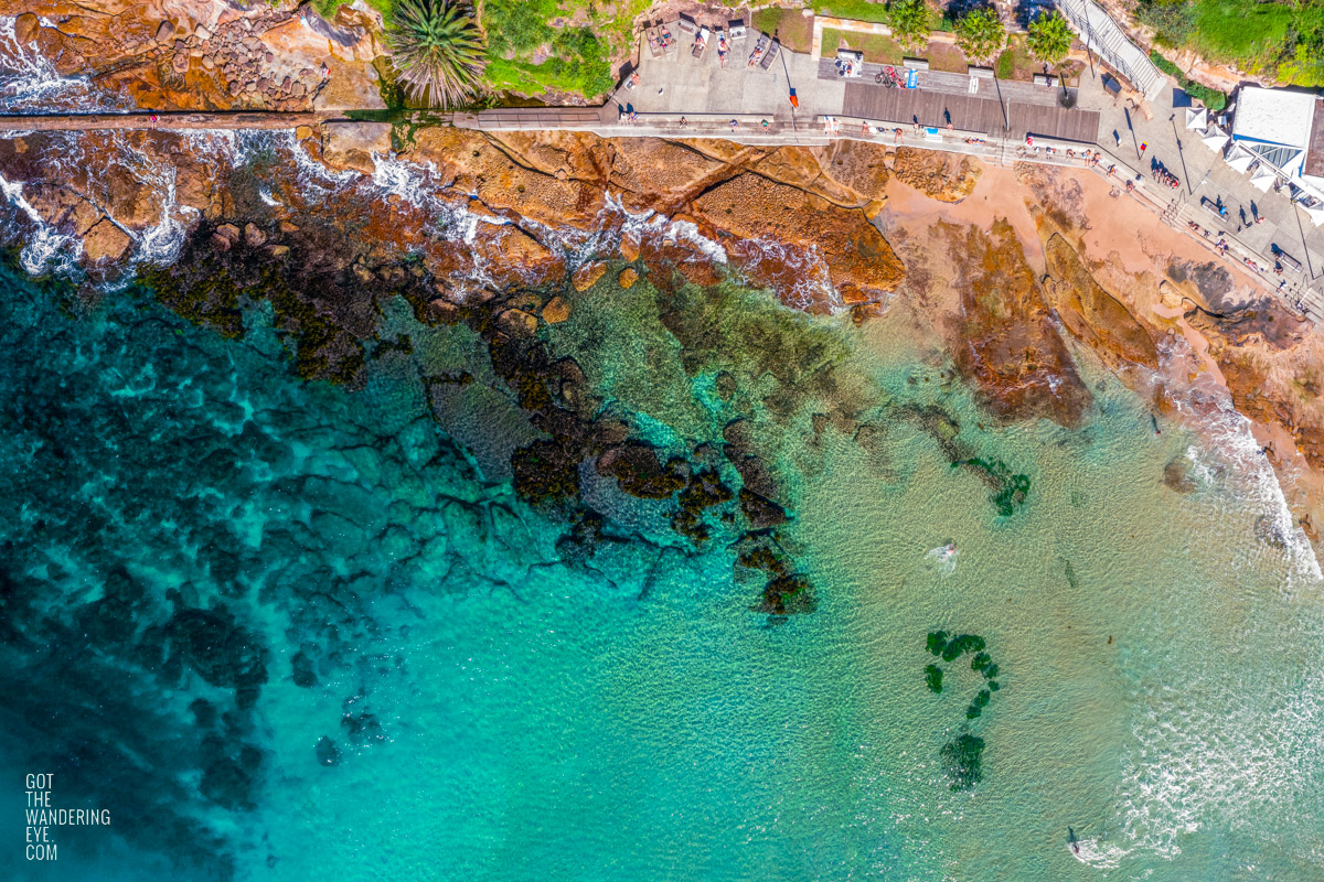 Aerial view above South Cronulla Beach Esplanade.