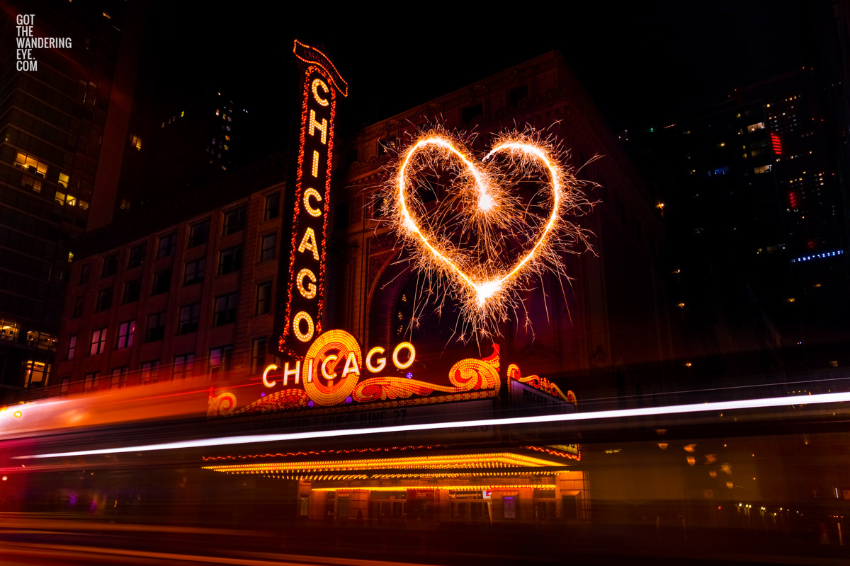 I love the chicago theatre long exposure night photography of light trails.