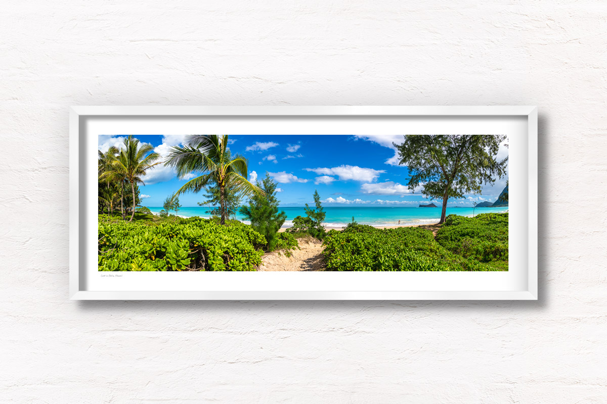 Beautiful deserted Oahu beach in Hawaii. Framed art photography wall art print.