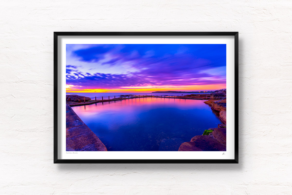 Purple dawn sunrise over Mahon Pool and Maroubra in Sydneys best sunrise location. Framed art photography wall art print.
