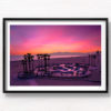 Venice Beach Skatepark Sunset, beautiful pink sky palm tree silhouette. Framed art photography wall art print.