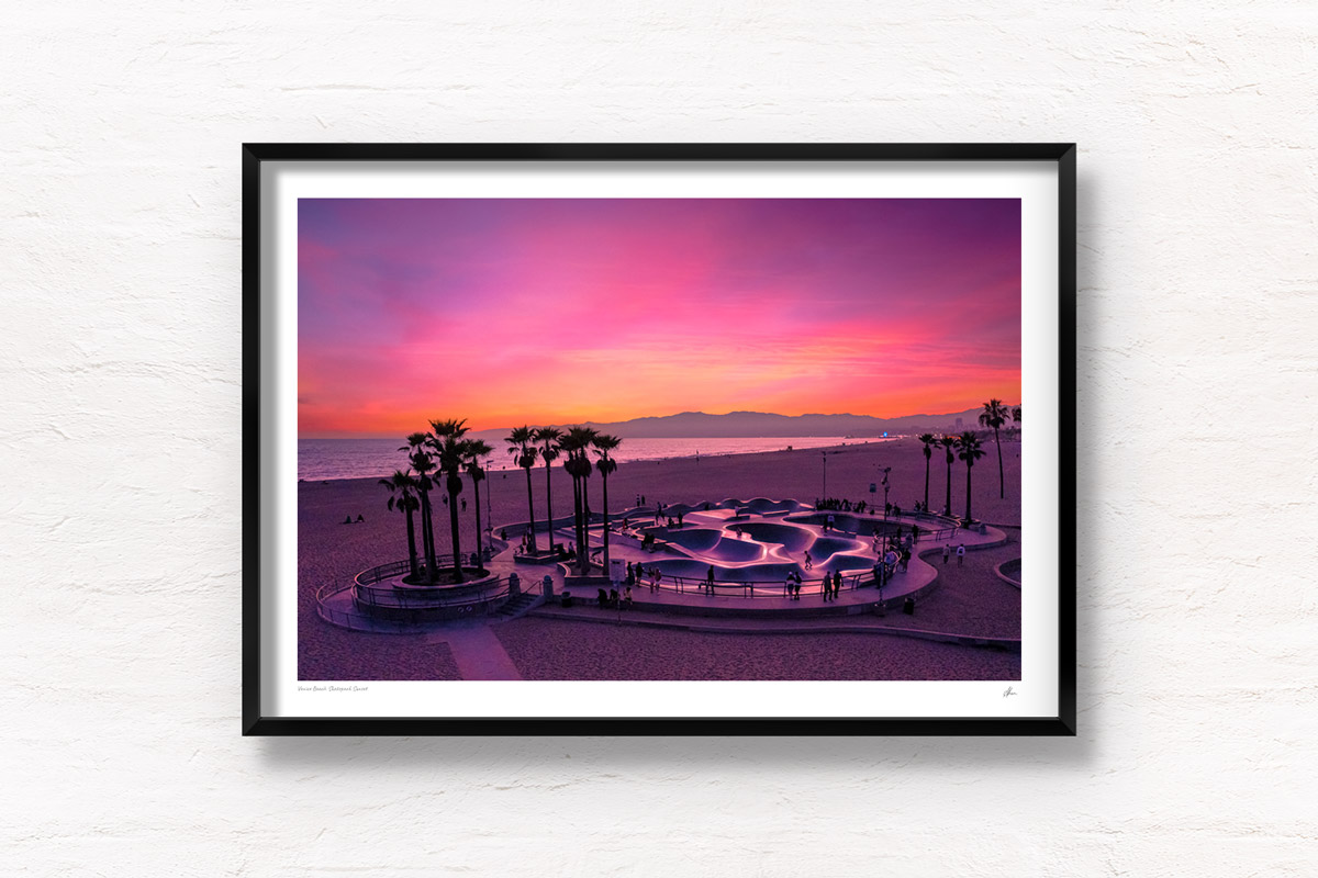 Venice Beach Skatepark Sunset, beautiful pink sky palm tree silhouette. Framed art photography wall art print.