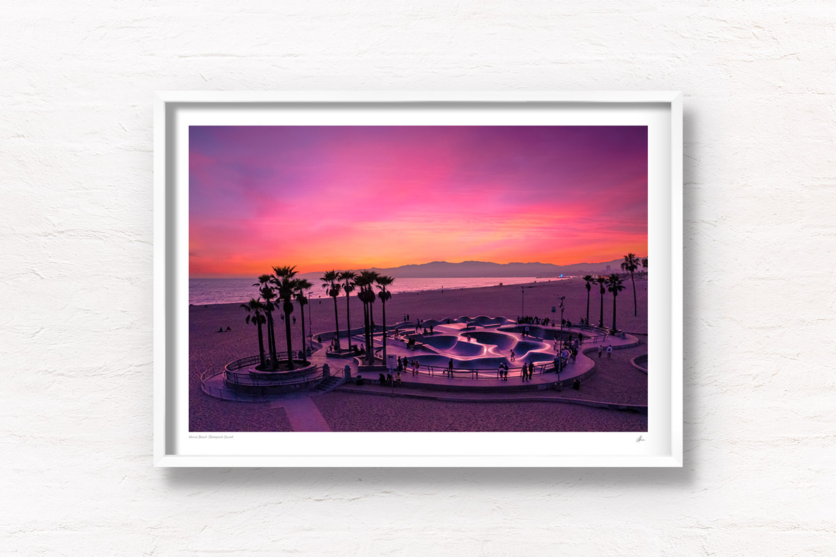 Venice Beach Skatepark Sunset, beautiful pink sky palm tree silhouette. Framed art photography wall art print.