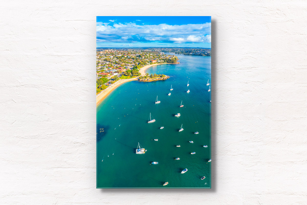 Aerial view above the stretch of sand from Balmoral Beach to Edwards Beach. Framed art photography wall art print.