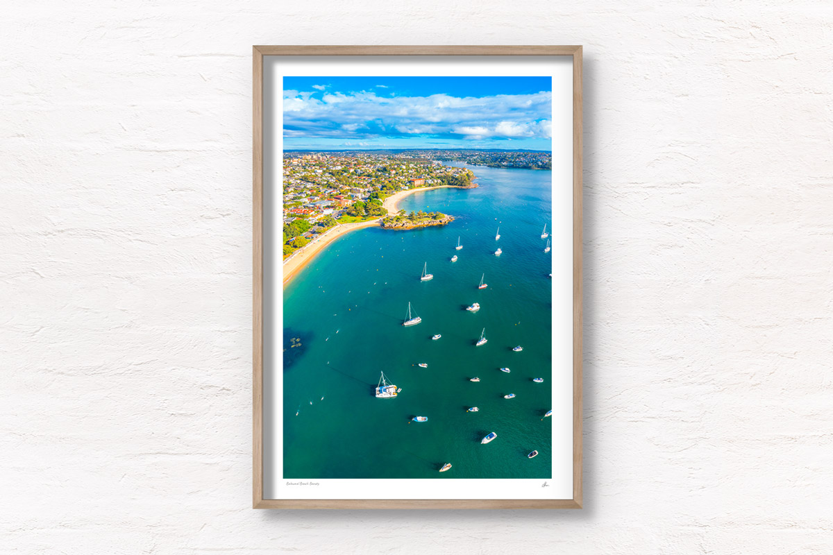 Aerial view above the stretch of sand from Balmoral Beach to Edwards Beach. Framed art photography wall art print.