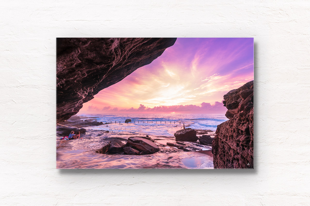 Pink sky sunrise at Sydneys best ocean rock pool at Maroubra. Framed art photography wall art print.