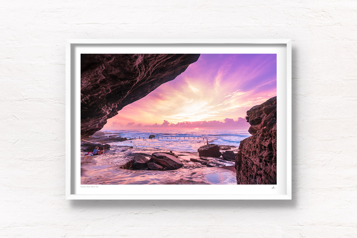Pink sky sunrise at Sydneys best ocean rock pool at Maroubra. Framed art photography wall art print.