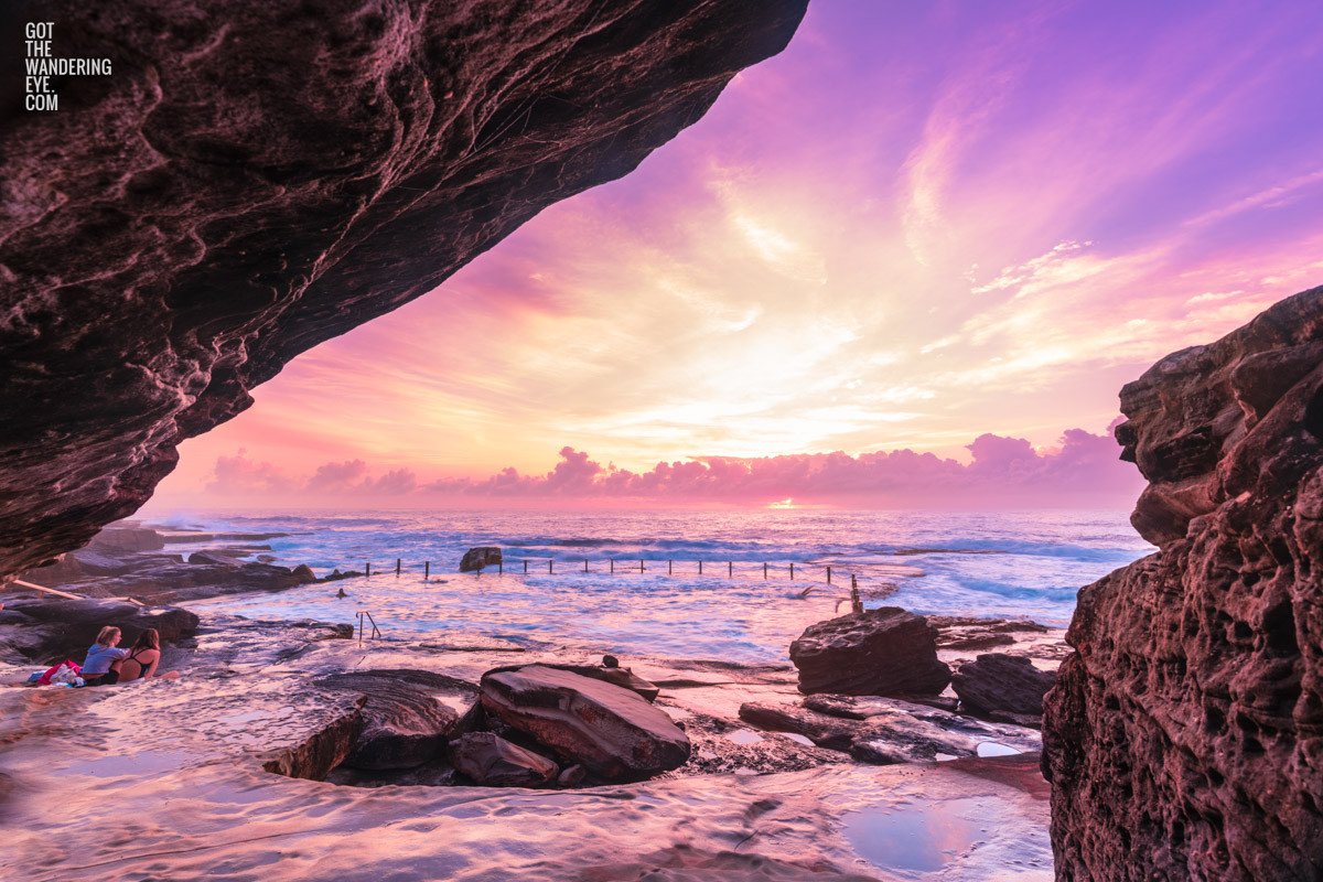 Pink sky sunrise at Sydneys best ocean rock pool at Maroubra.