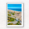 Aerial view above Venice Beach Boardwalk on a clear and sunny summers day. Framed art photography wall art print.