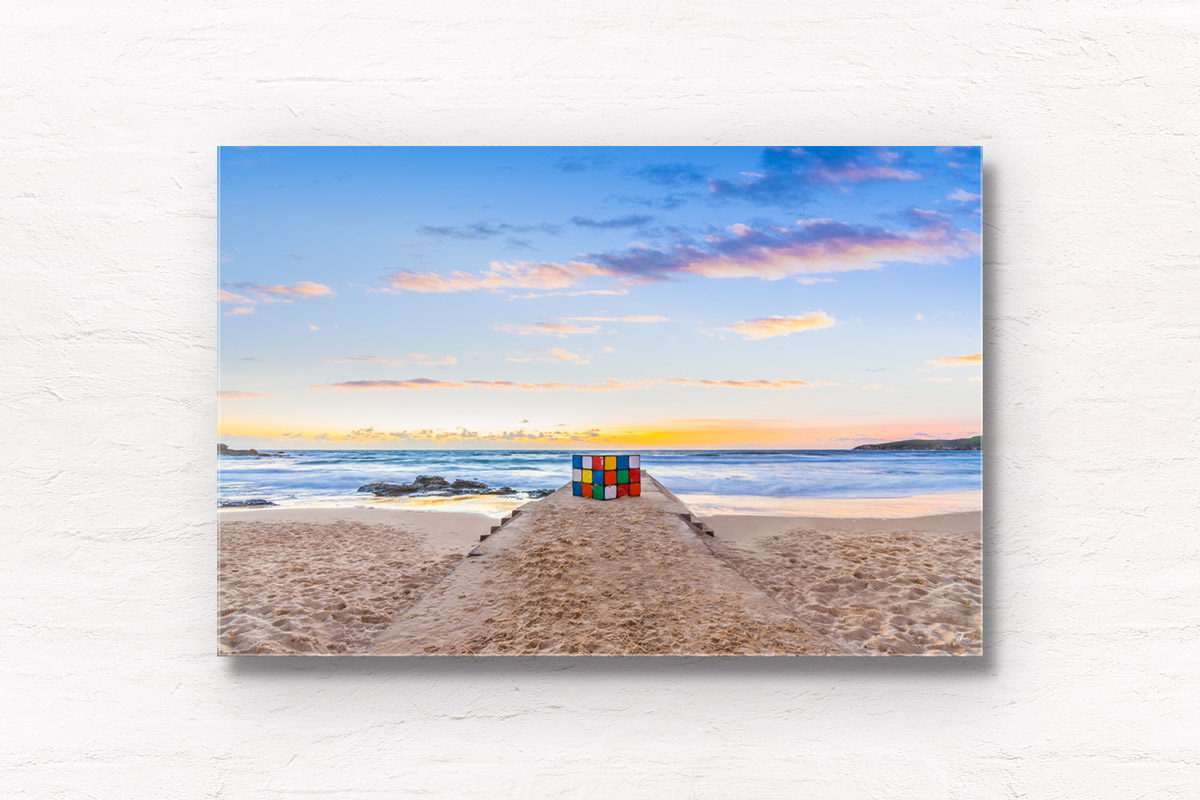 Beautiful early morning at the iconic Rubiks Cube sculpture at Maroubra Beach in Sydney. Framed art photography wall art print.