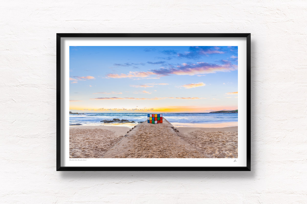 Beautiful early morning at the iconic Rubiks Cube sculpture at Maroubra Beach in Sydney. Framed art photography wall art print.