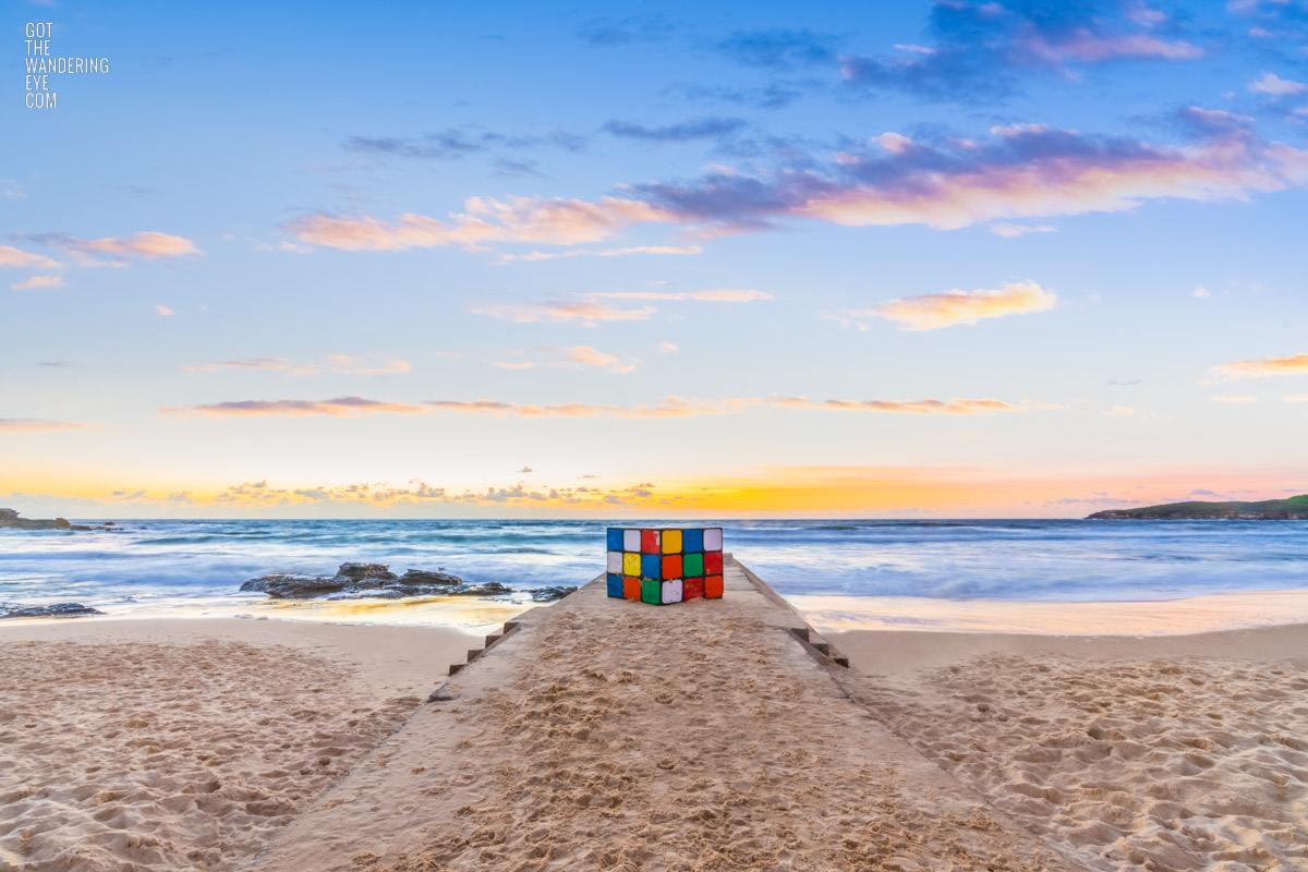 Beautiful early morning at the iconic Rubiks Cube sculpture at Maroubra Beach in Sydney..