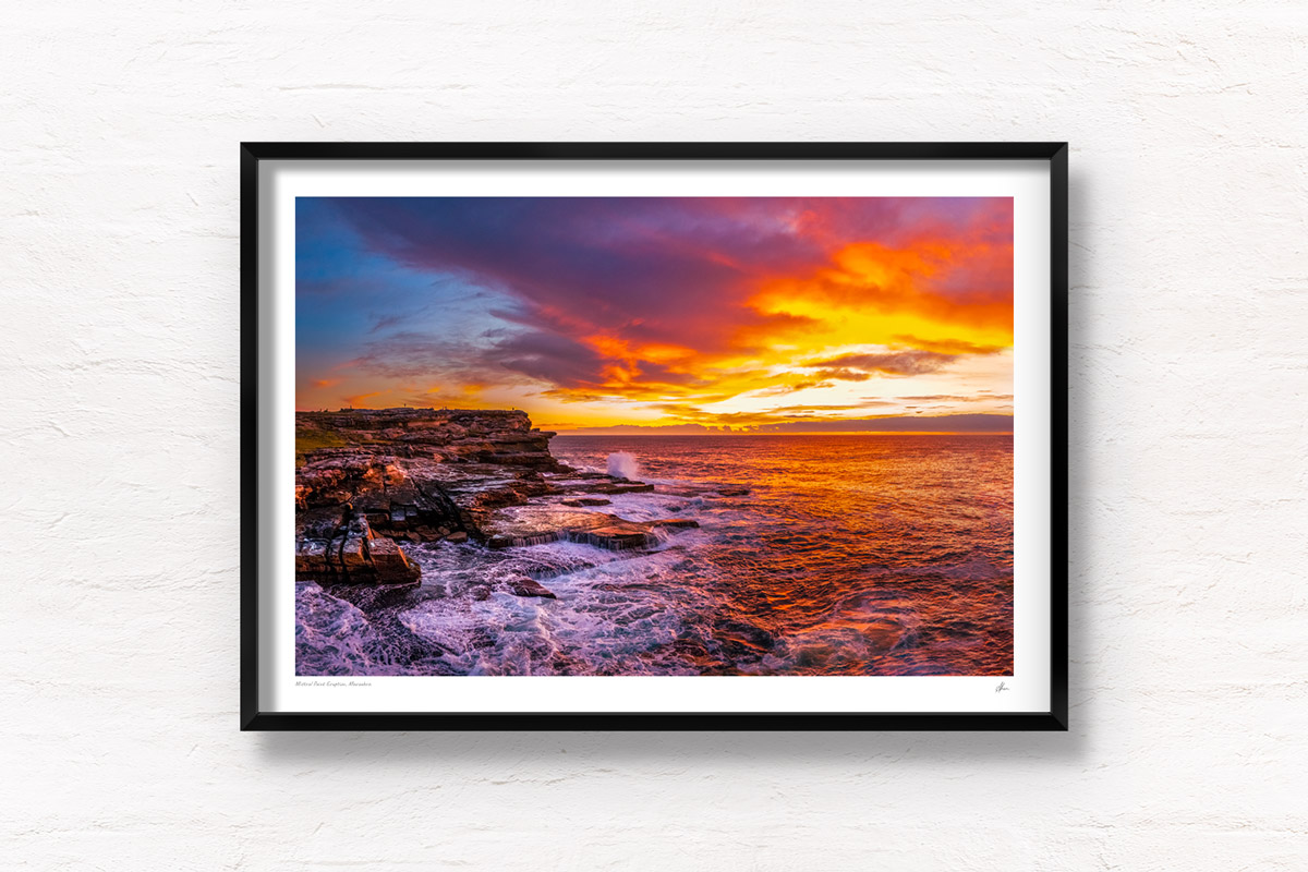 Sydneys best sunrise photography taken from Mistral Point at Maroubra. Framed art photography wall art print.