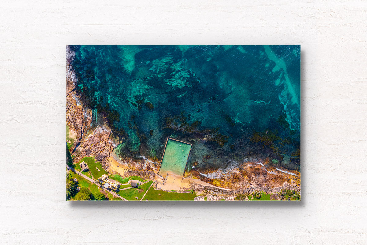 Top down view above Shelly Beach ocean pool at Cronulla. Framed art photography wall art print.