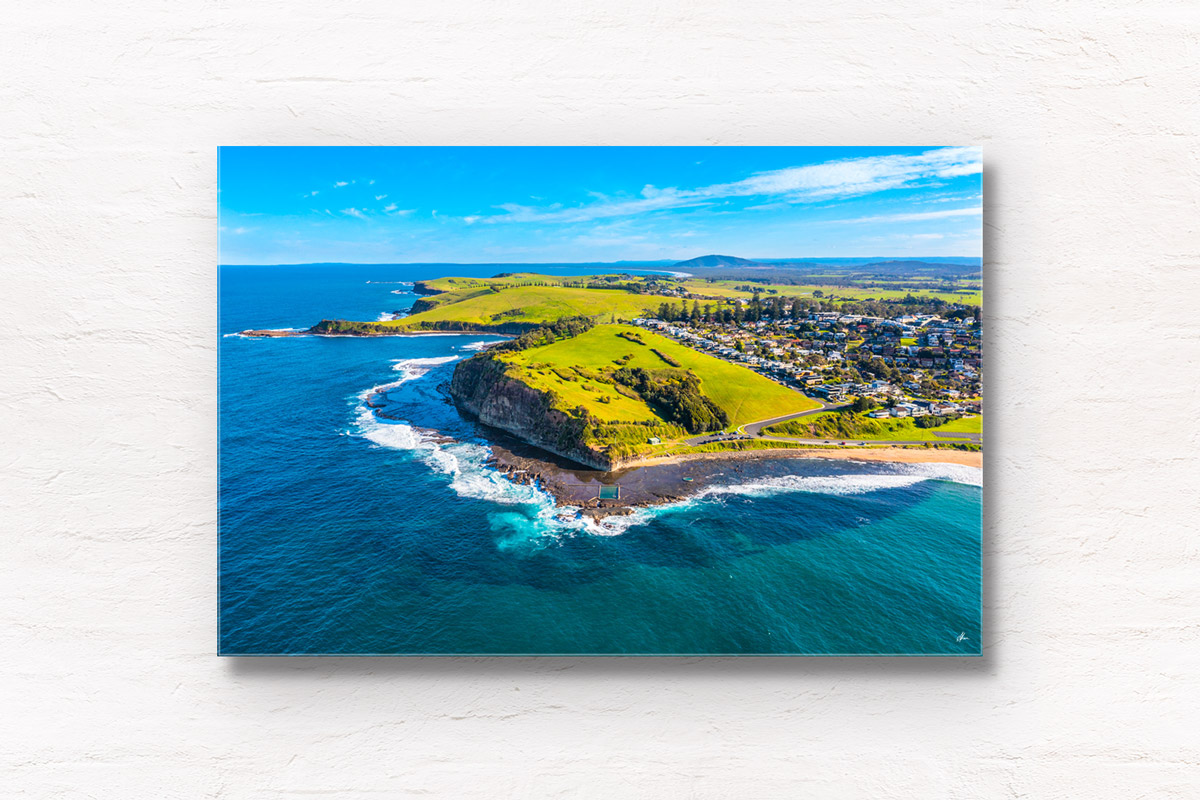 Rolling green hills of Gerringong headland aerial view in the NSW South Coast. Framed art photography wall art print by Allan Chan.