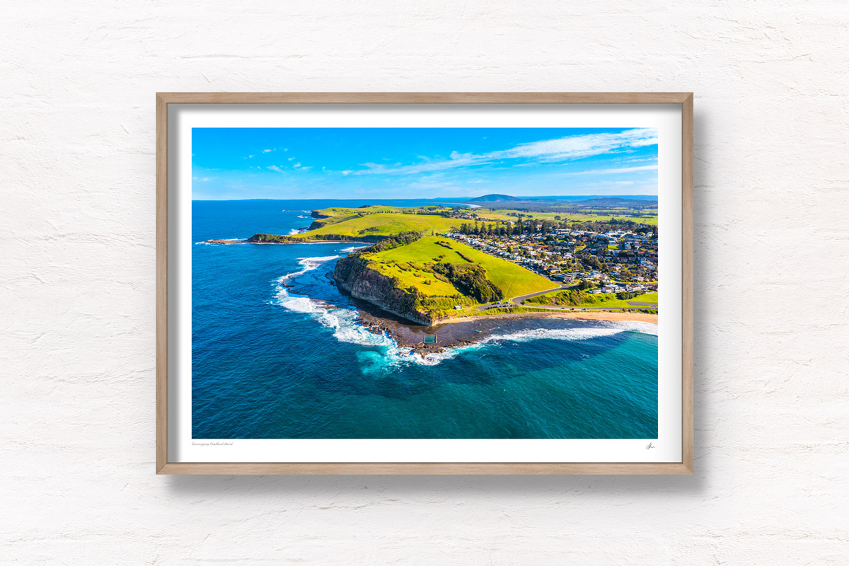 Rolling green hills of Gerringong headland aerial view in the NSW South Coast. Framed art photography wall art print by Allan Chan.