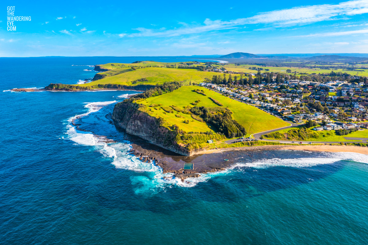 Rolling green hills of Gerringong headland aerial view in the NSW South Coast.