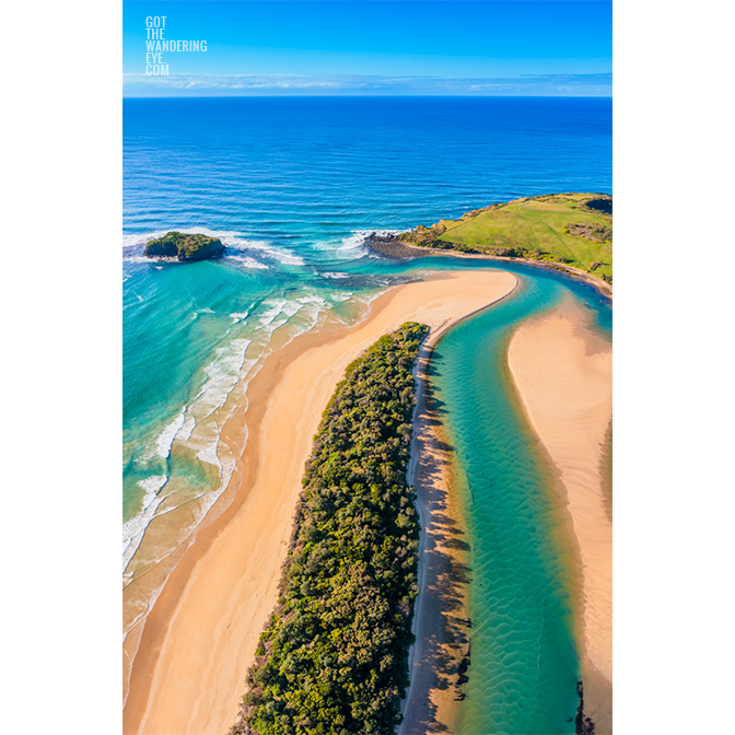 aerial view above the bending Minnamurra River Kiama, South Coast NSW.