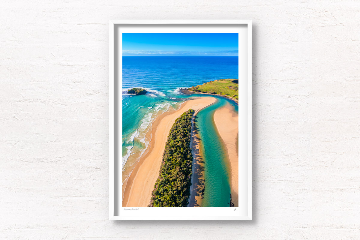 aerial view above the bending Minnamurra River Kiama, South Coast NSW. Framed art photography wall art print by Allan Chan.