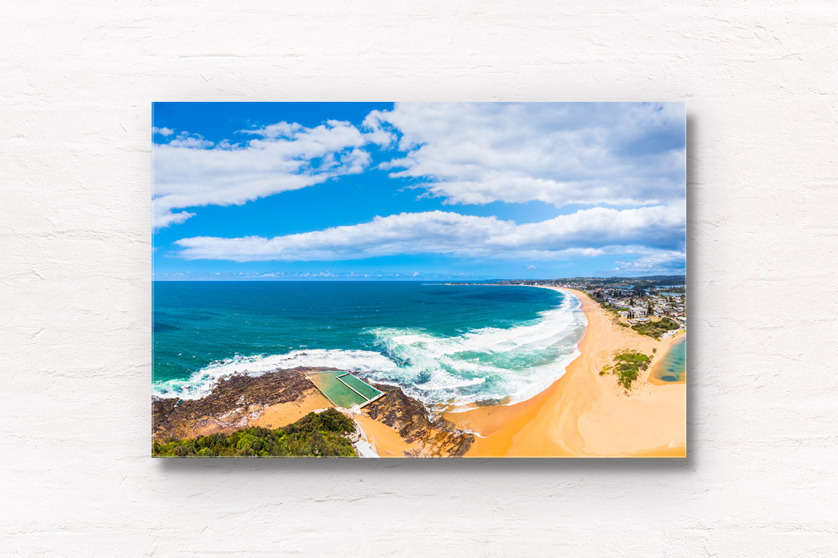 Aerial view above North Narrabeen rock pool and beach looking back towards Collaroy Beach. Framed art photography wall art print by Allan Chan.