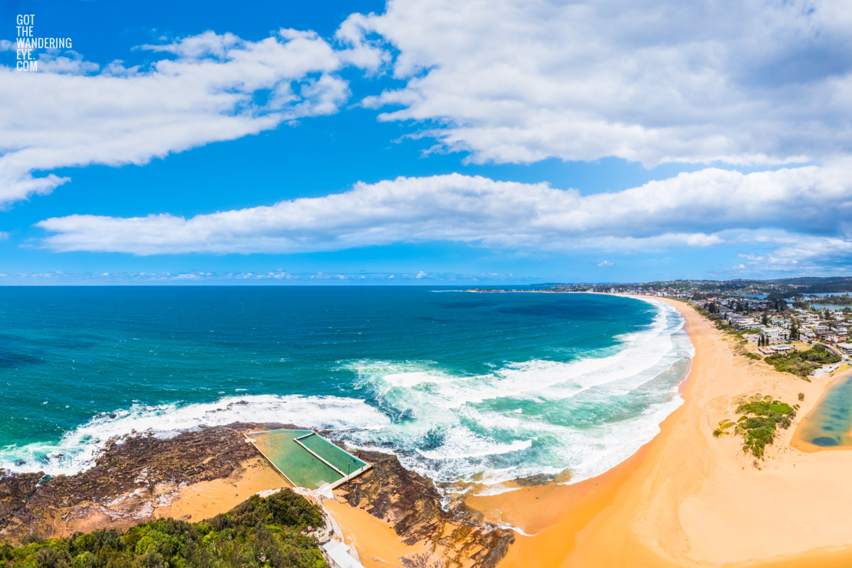 Aerial view above North Narrabeen rock pool and beach looking back towards Collaroy Beach.