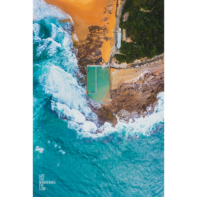 Aerial photography above North Narrabeen ocean pool in the Northern Beaches.