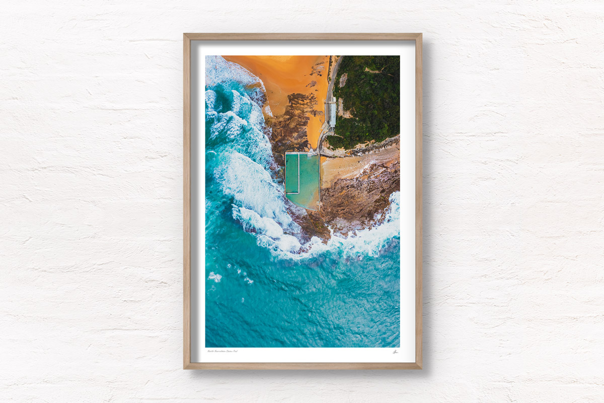 Aerial photography above North Narrabeen ocean pool in the Northern Beaches. Framed art photography wall art print by Allan Chan.