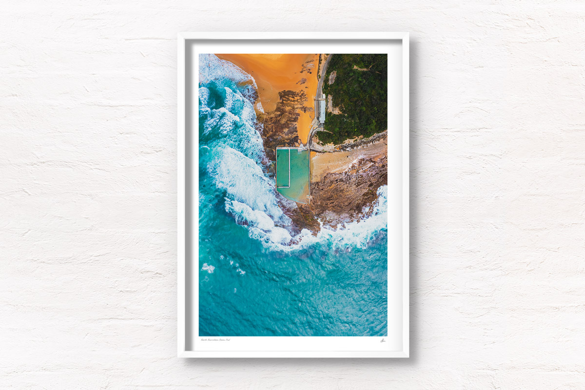 Aerial photography above North Narrabeen ocean pool in the Northern Beaches. Framed art photography wall art print by Allan Chan.