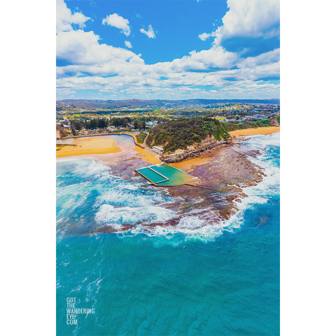 Aerial view above North Narrabeen rock pool, Northern Beaches.