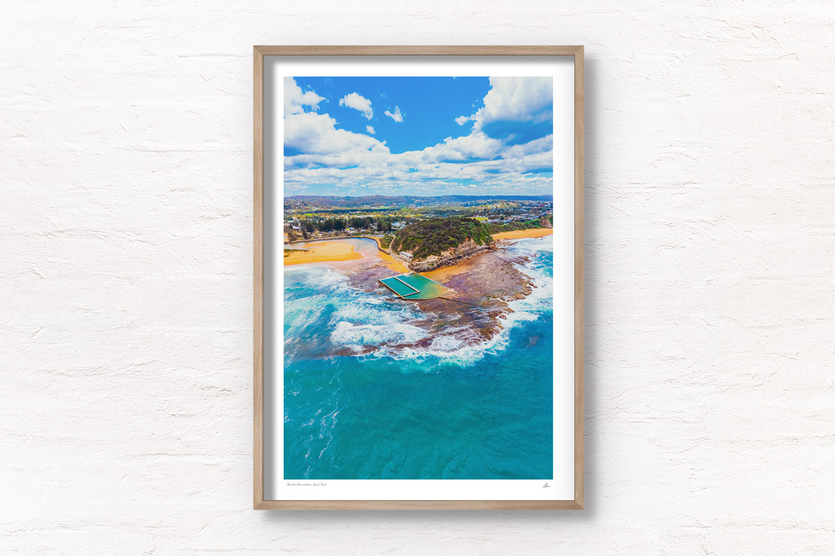 Aerial view above North Narrabeen rock pool, Northern Beaches. Framed art photography wall art print by Allan Chan.
