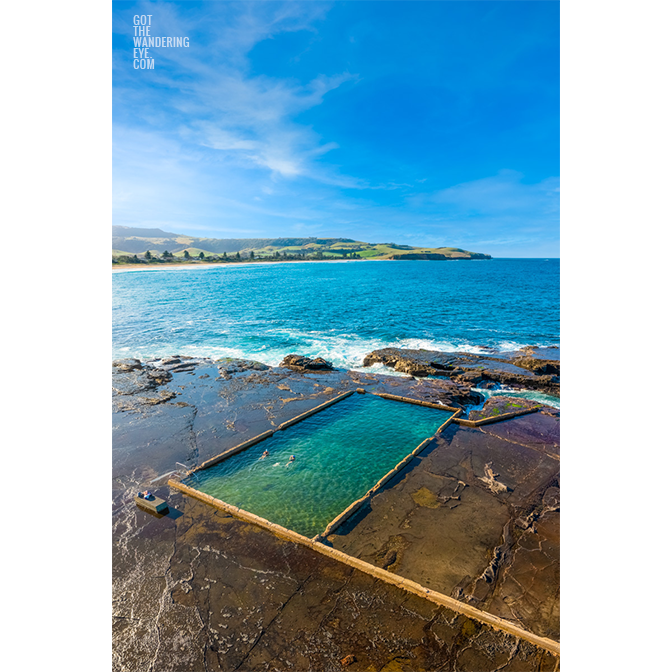 Aerial view above swimmers enjoying Ourie Pool, Werri Beach, Gerringong.