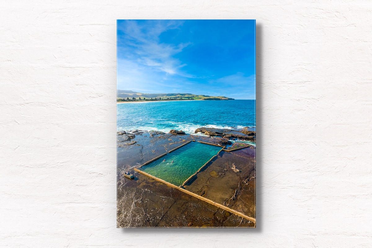 Aerial view above swimmers enjoying Ourie Pool, Werri Beach, Gerringong. Framed art photography wall art print by Allan Chan.