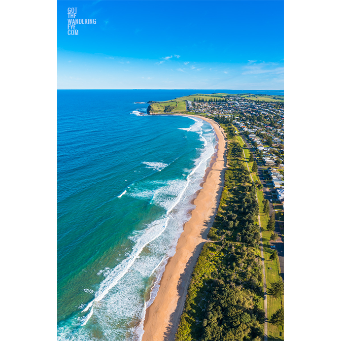 Aerial view above Werri Beach, Gerringong on a clear day.